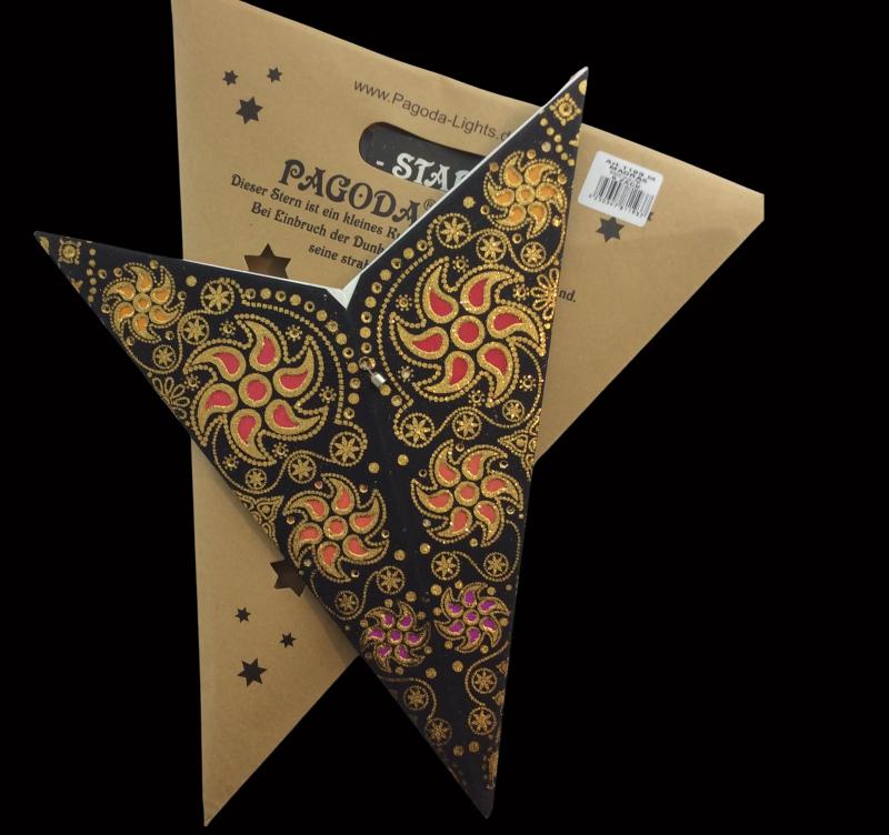 Madras schwarz Glitter  - Faltbarer Leuchtstern, Weihnachtsstern aus Papier mit 5 Zacken, 60 cm